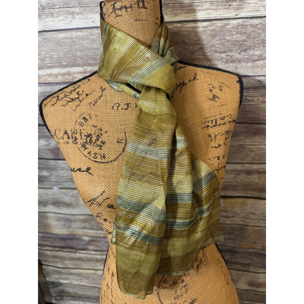 Vintage Olive Green Gold Bronze Metallic Striped Sheer Scarf Wrap Shawl